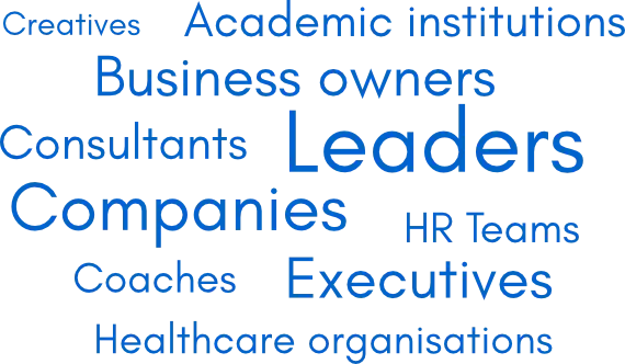 A tag cloud with the types of people and organisations Lesley McDonald works with, including leaders, companies, business owners, academic institutions and more.